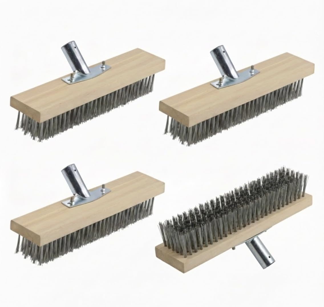 4pc Stainless Steel Wire Scrub Brush Heads 11.8in / 30cm for Deck, Concrete, Patio Floor Cleaning, Heavy Duty Stiff Metal Bristle Scrubber Broom for Outdoor Moss and Stain Removal