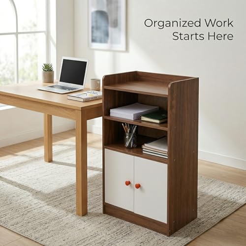 Small Wood Nightstand with Storage Cabinet, 2-Tier Bedside Table with Door, MDF Organizer Shelf for Bedroom, Living Room, Narrow Side Table, Brown