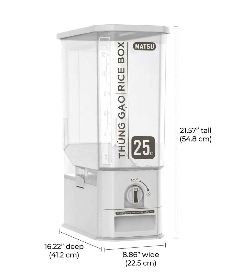 Kikbo 2-Pack LARGE Rice and Small Grains Dispenser 55 lbs / 25kg - Keep Fresh, Easy Fast Food Prep Rice Beans Flour Grains, No Mess Pantry Kitchen Organizer (1 Gray + 1 Blue/White)