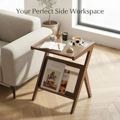 End Table with Magazine Rack, Wooden Side Table with Storage Shelf for Living Room and Sofa, Small Accent Table for Bedroom