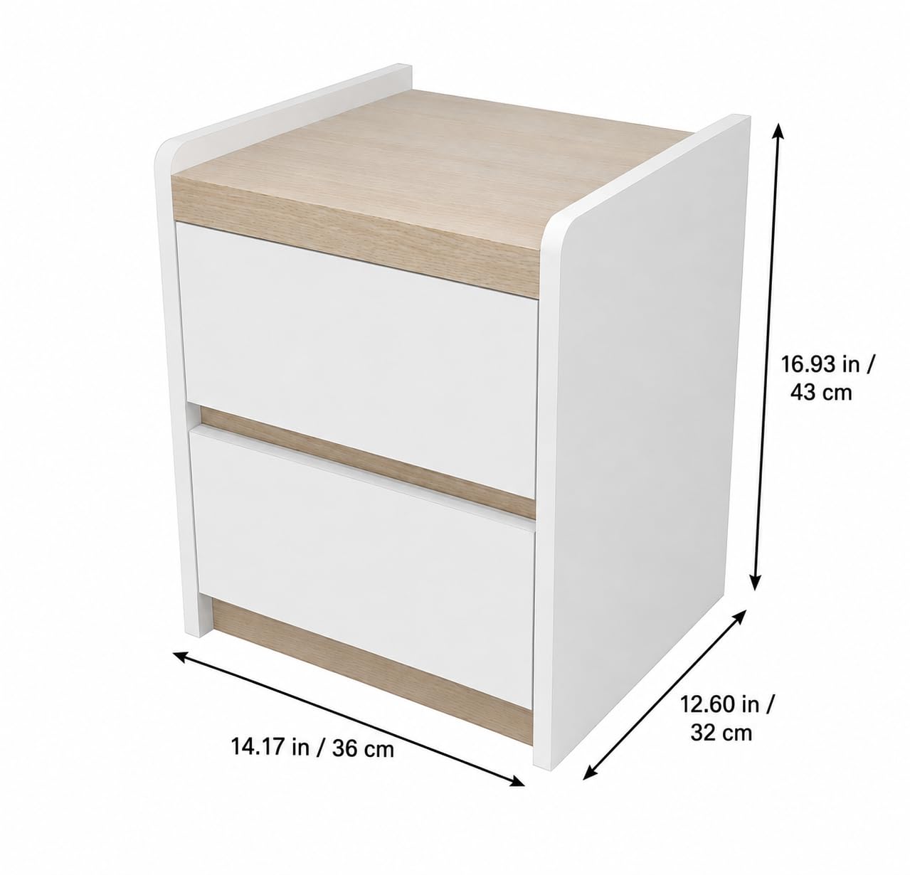 Modern Bedside Table with 2 Drawers, Fully Assembled Nightstand, Wooden End Table for Bedroom, Small Storage Cabinet with Smooth Sliding Drawers, White/Natural Wood