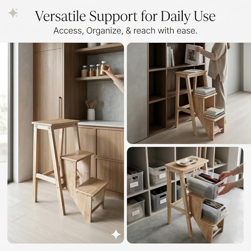Folding 3-Step Wooden Ladder Stool, Multi-Purpose Step Stool Chair for Kitchen, Home or Office, Space-Saving Step Ladder