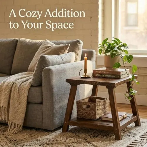 Rustic End Table with Storage Shelf, 2-Tier Wooden Side Table for Living Room and Bedroom, Small Accent Table for Sofa and Bedside