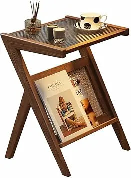 End Table with Magazine Rack, Wooden Side Table with Storage Shelf for Living Room and Sofa, Small Accent Table for Bedroom