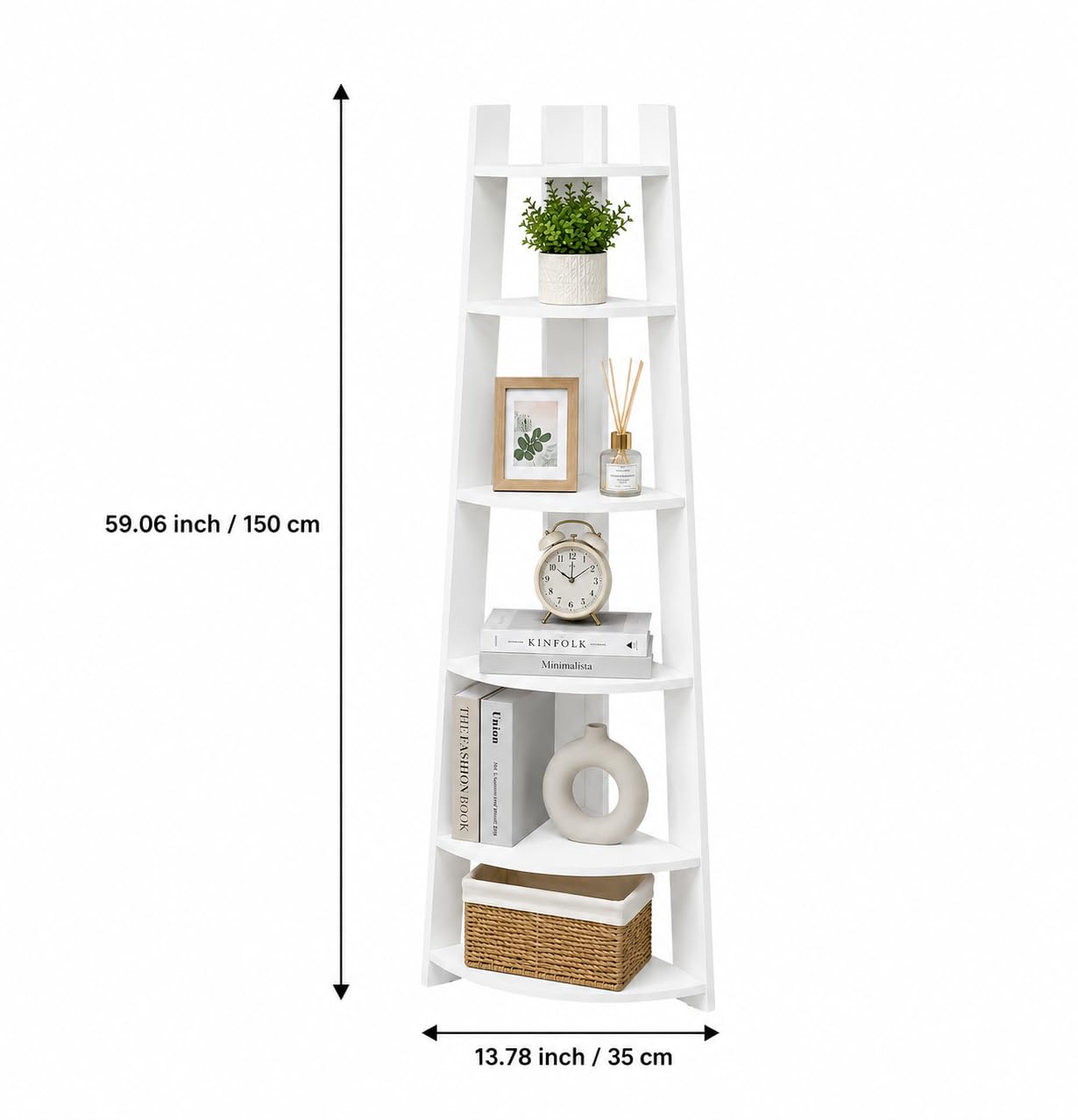 5-Tier Corner Shelf Stand, Space Saving Wooden Corner Storage Rack, Freestanding Display Bookshelf Organizer for Living Room, Bedroom, Bathroom, Office, Small Spaces, White