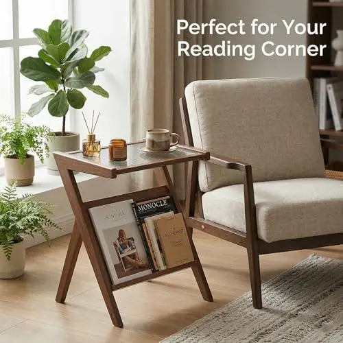 End Table with Magazine Rack, Wooden Side Table with Storage Shelf for Living Room and Sofa, Small Accent Table for Bedroom