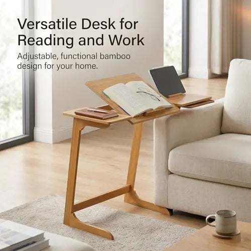Adjustable Tilting Laptop Table for Bed and Sofa, Wooden Bedside Desk with Angle Adjustable Desktop, Small Side Table for Reading, Laptop and Home Office