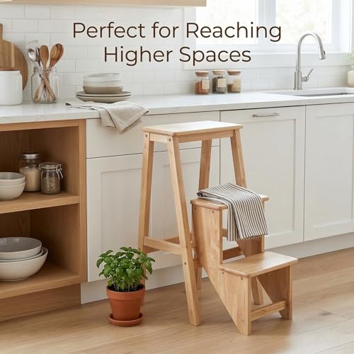 Folding 3-Step Wooden Ladder Stool, Multi-Purpose Step Stool Chair for Kitchen, Home or Office, Space-Saving Step Ladder