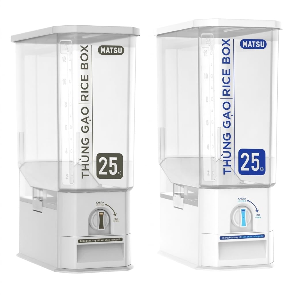 Kikbo 2-Pack LARGE Rice and Small Grains Dispenser 55 lbs / 25kg - Keep Fresh, Easy Fast Food Prep Rice Beans Flour Grains, No Mess Pantry Kitchen Organizer (1 Gray + 1 Blue/White)
