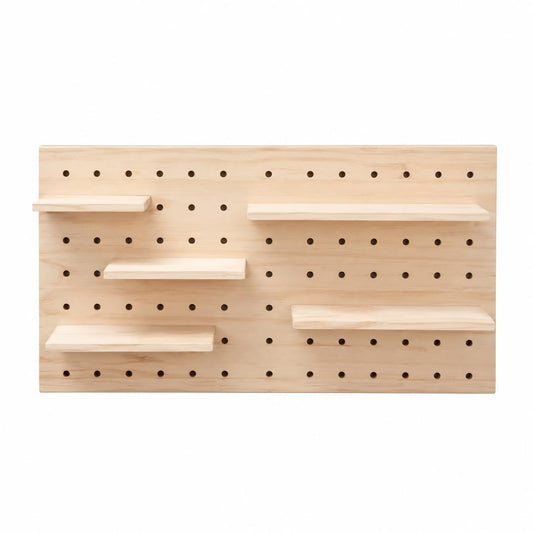 Wooden Pegboard Wall Organizer, Wall Mounted Kitchen Spice Rack with Adjustable Shelves, Modular Storage Display Board for Seasonings, Bottles, Coffee Bar, Craft Room & Home Organization