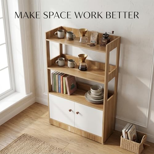 Kitchen Storage Cabinet with Doors and Open Shelves, Microwave Stand with 3-Tier Organizer, Wooden Kitchen Rack for Dining Room, Living Room, Pantry, Natural Wood & White