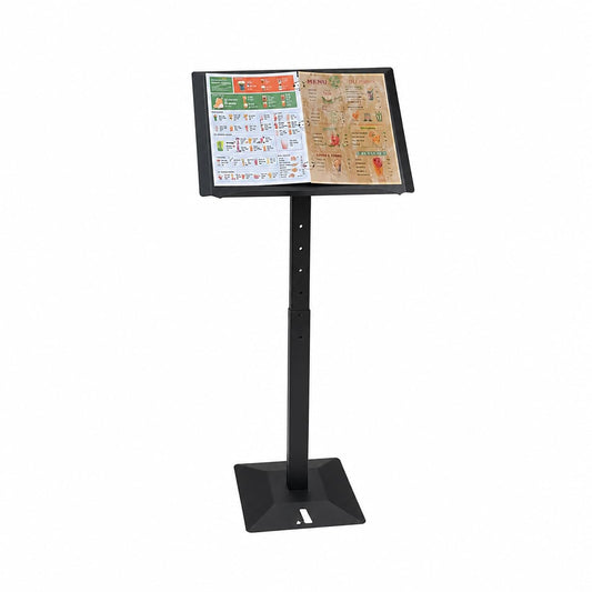 Freestanding A4 Menu Display Stand - Powder Coated Steel Sign Holder for Restaurant Cafe Retail - Adjustable Height 35 to 45 Inch - Black
