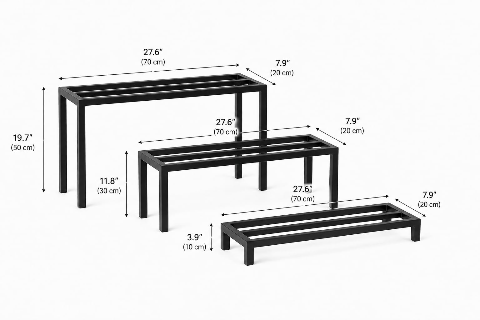 Kikbo Set of 3 Heavy Duty Metal Plant & Storage Stands 27.6" x 7.9" (70 x 20cm) Multiple Heights – Black Painted Galvanized Iron Metal Display Risers - Indoor or Outdoor, Strong For Any Use