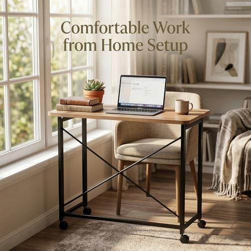 Folding Desk with Wheels, 31.5'' Small Rolling Computer Desk for Small Spaces, Portable Foldable Writing Desk for Home Office, Study Table, Easy Assembly
