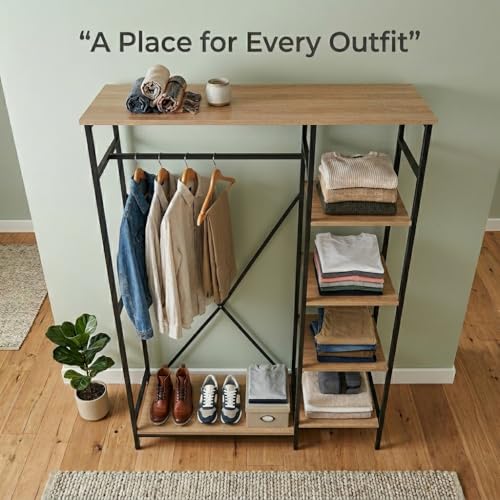 Clothes Rack with Storage Shelves, 4-Tier Freestanding Garment Rack with Hanging Rod, Heavy Duty Metal Clothing Organizer for Bedroom Closet Laundry Room