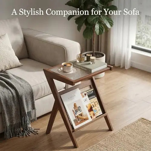 End Table with Magazine Rack, Wooden Side Table with Storage Shelf for Living Room and Sofa, Small Accent Table for Bedroom