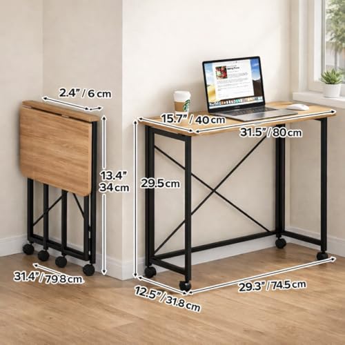Folding Desk with Wheels, 31.5'' Small Rolling Computer Desk for Small Spaces, Portable Foldable Writing Desk for Home Office, Study Table, Easy Assembly