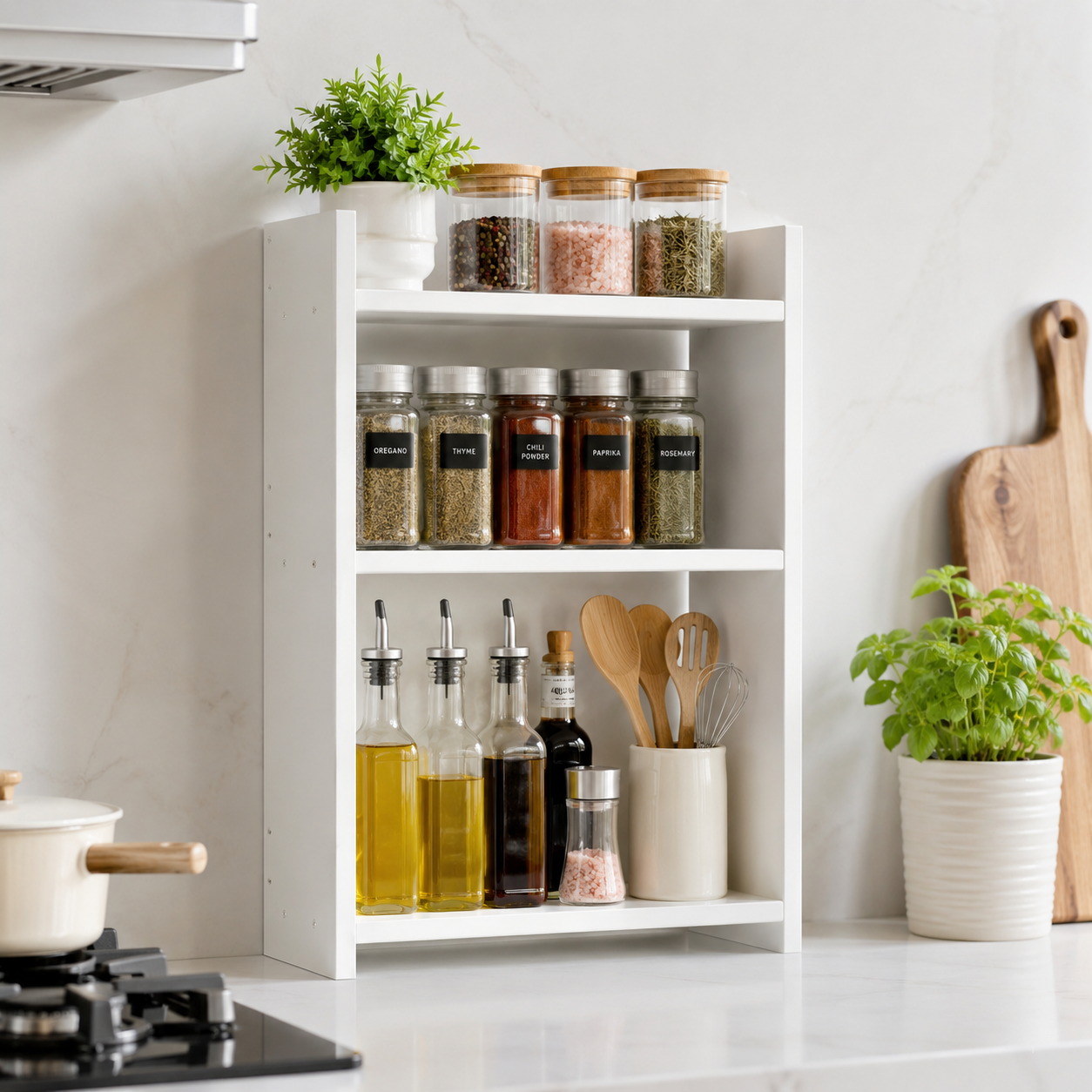 3-Tier Kitchen Spice Rack Organizer – Modern MDF Countertop Storage Shelf – Space-Saving Spice Holder & Pantry Cabinet Organizer for Seasoning Bottles, Jars & Oils, White