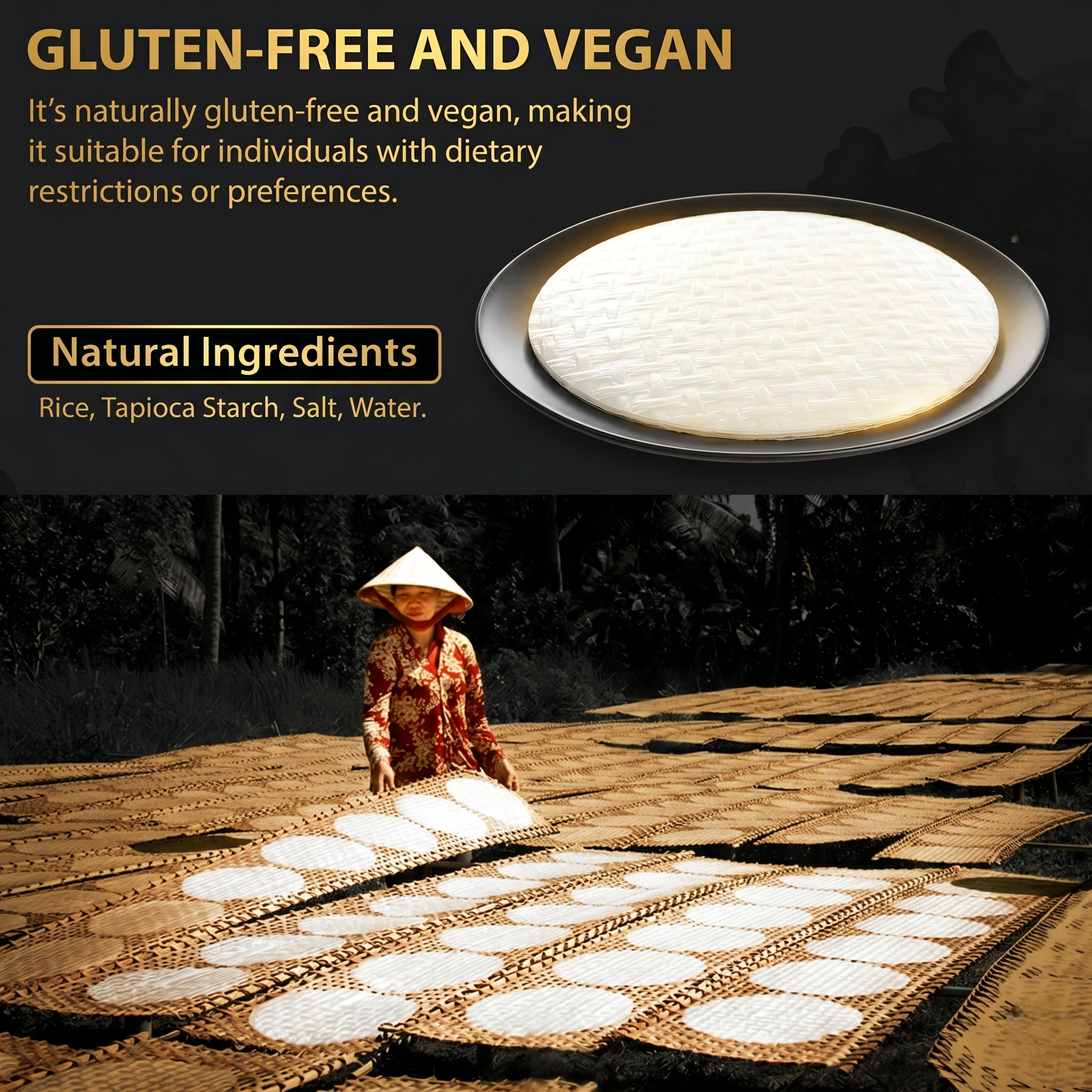 Vietnamese Round Rice Paper Wrappers – White Rice Wraps for Fresh Spring Rolls & Dumplings – Non-GMO, Gluten-Free & Low Carb, 22cm/ 8.6"