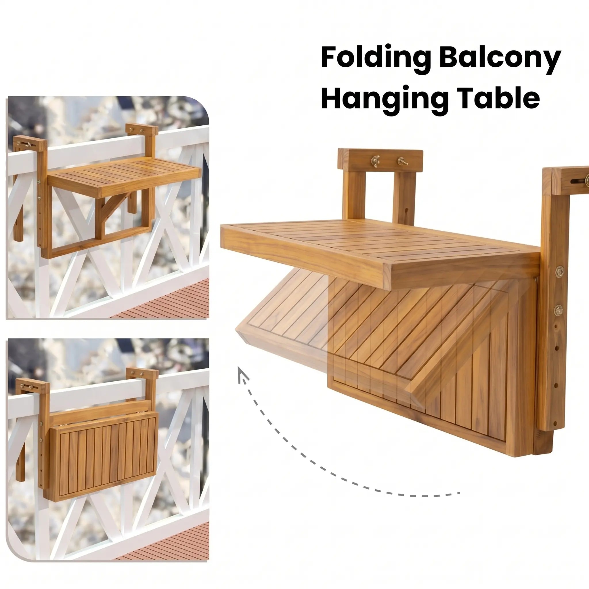 Acacia Wood Folding Balcony Hanging Table – Weather-Resistant Outdoor Railing Table – Adjustable Height & Width – Portable Deck Table for Small Balcony, Patio, and Porch – Rectangular Kikbo