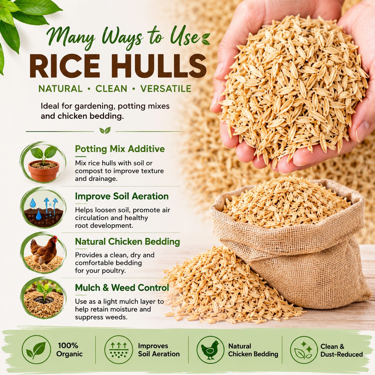 Organic Horticultural Grade Rice Hulls – Clean Soil Aeration Additive & Natural Chicken Bedding for Houseplants, Garden & Coop