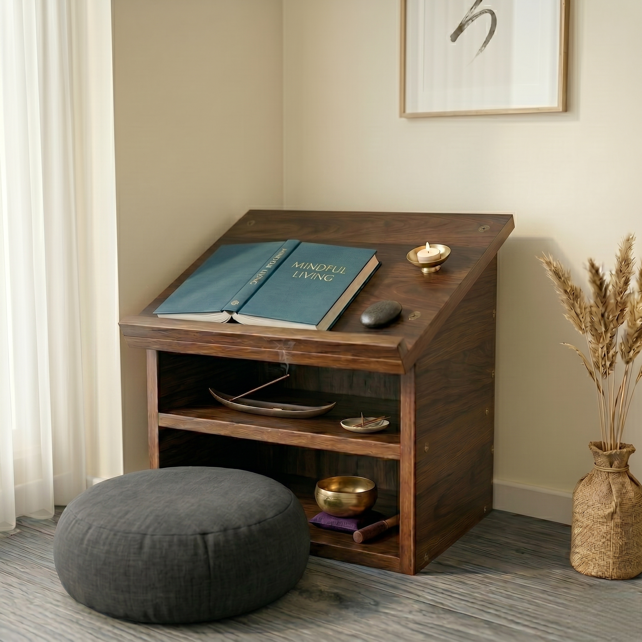Wooden Buddhist Sutra Reading Stand – Altar Desk with Storage Compartment – Handcrafted Meditation Table for Chanting, Prayer & Script Reading – Portable Tabletop Shrine