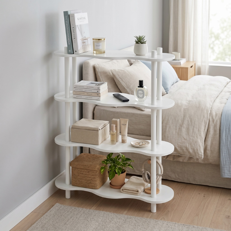 White Wavy Wood Display Shelf – 4-Tier Decorative Storage Rack with Curved Wave Design – Boho Accent Bookshelf & Plant Stand for Bedroom, Living Room & Nursery