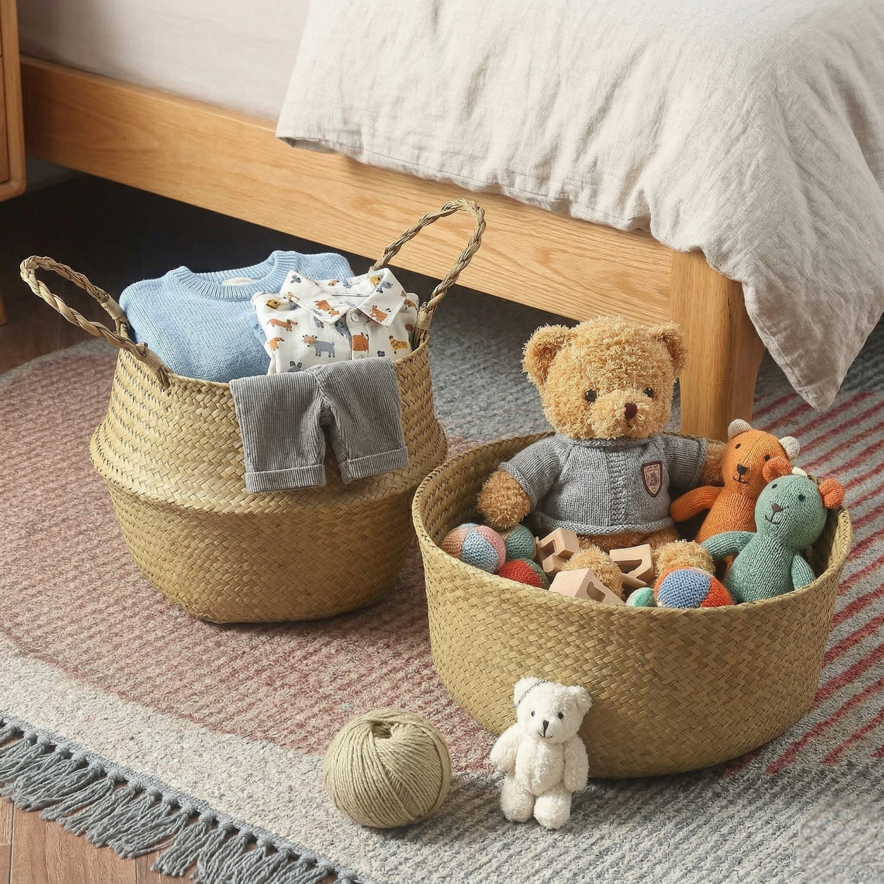 Natural Seagrass Belly Baskets 4pcs – Handmade Woven Plant Pot Holder – Foldable Storage Basket with Handles for Laundry, Picnic, Groceries and Boho Home Decor