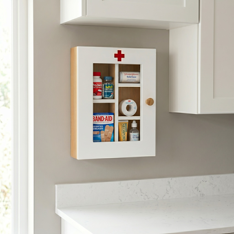 Wooden First Aid Medicine Cabinet – Wall Mounted Family Emergency Medical Box with Lock – Decorative Solid Wood Storage Organizer for Bathroom, Kitchen & Office, No-Drill