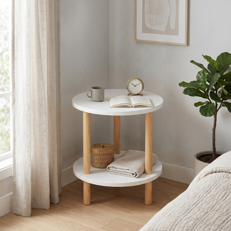 2-Tier Round End Table – Modern Wooden Nightstand for Bedroom – Versatile Sofa Side Table & Decorative Plant Display Shelf for Living Room – Easy Assembly