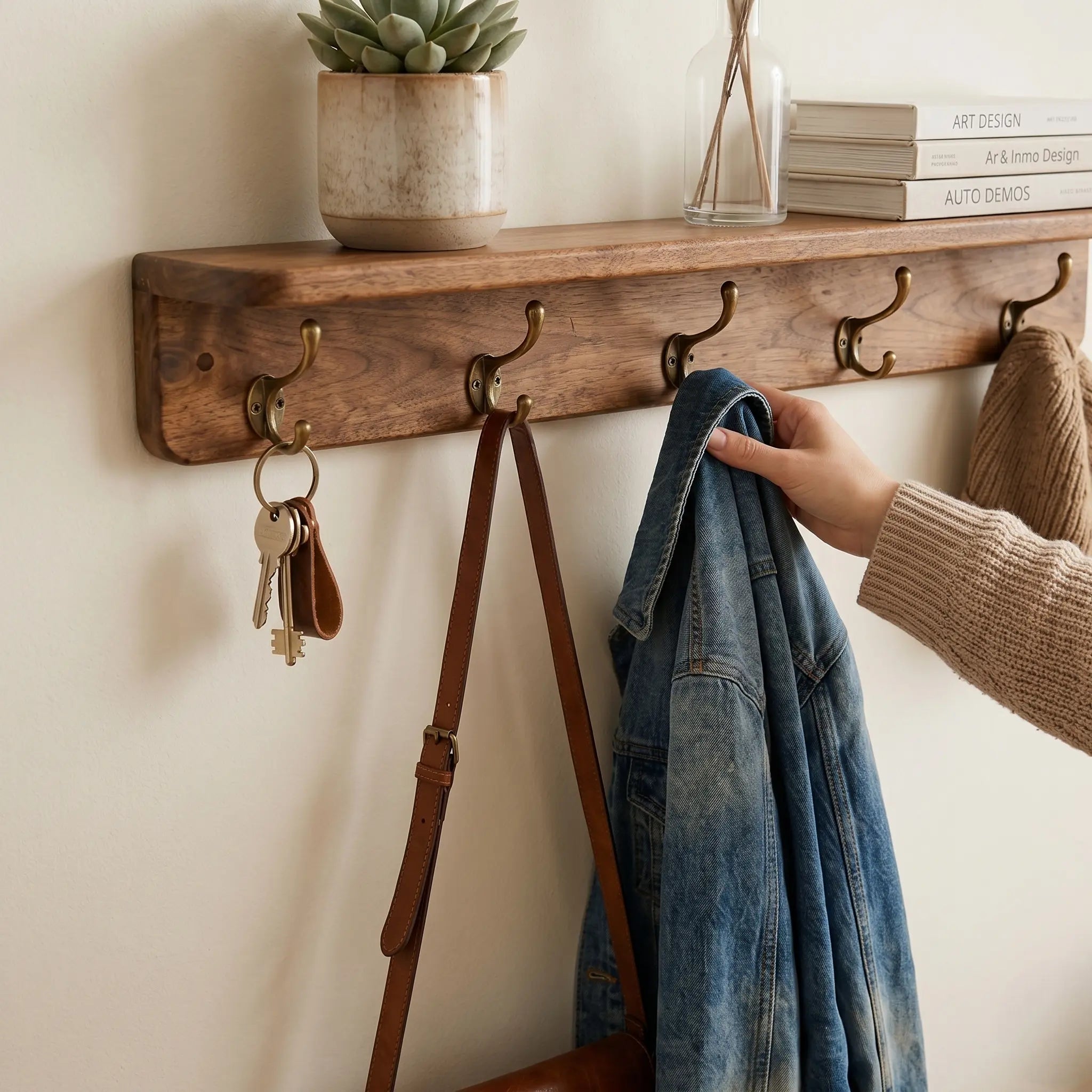 Wall Mounted Coat Rack with Storage Shelf – 31.5 Inch Solid Wood Entryway Organizer – Decorative Hanging Rail with 5 Hooks for Coats, Hats, Keys & Towels – Hallway, Bathroom & Mudroom Kikbo