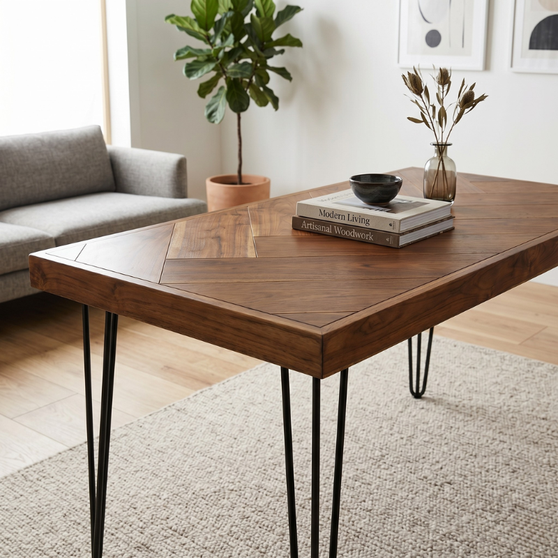 Rustic Herringbone Teak Wood Table – 48 Inch Premium Solid Teak Wood Desk for Home Office – Mid-Century Modern Dining Table & Executive Writing Desk – Natural Finish