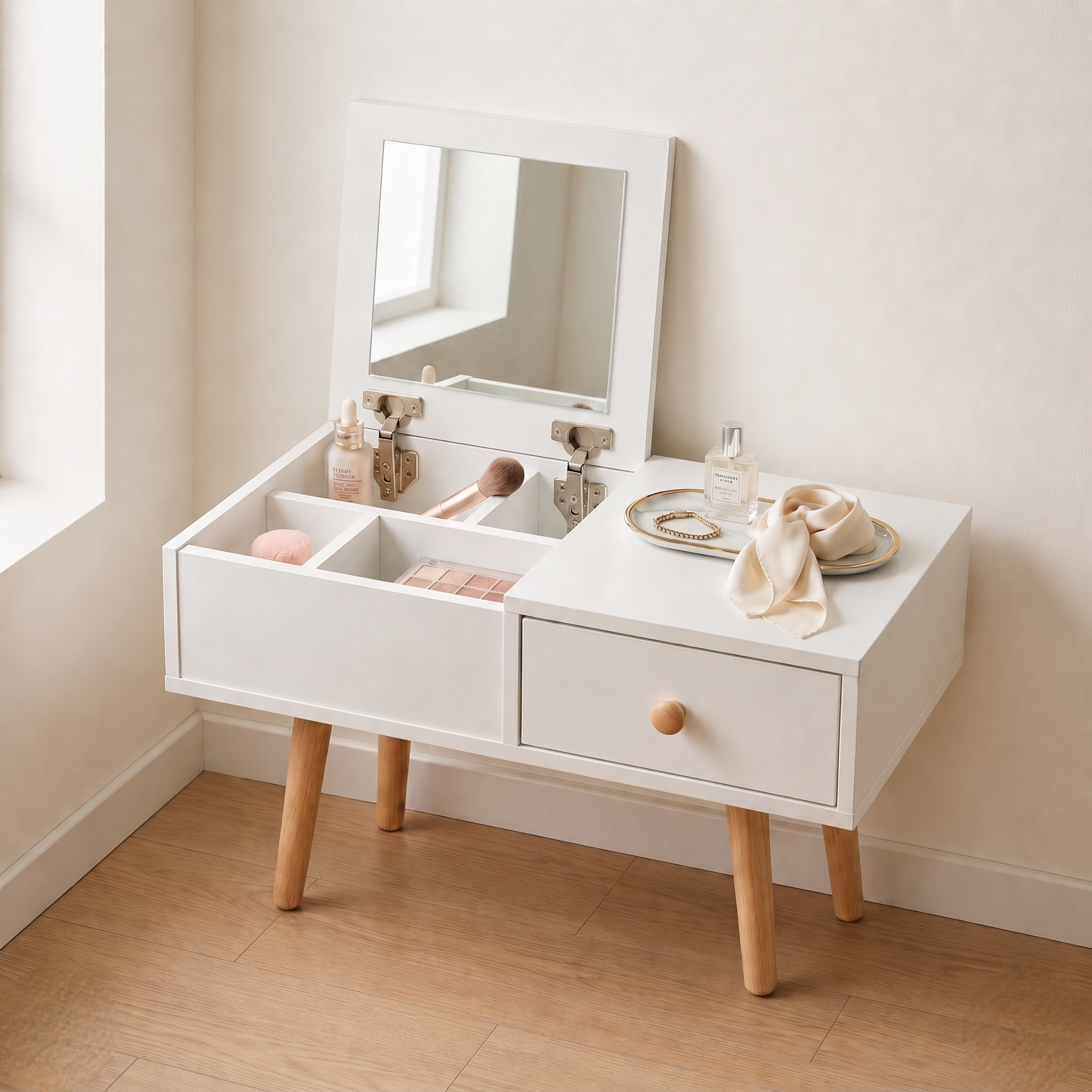 2-in-1 Floor Makeup Vanity & Nightstand – Modern Low-Profile Dressing Table with Solid Wood Legs – Compact Bedroom Storage Organizer & Bedside Tab for Small Spaces