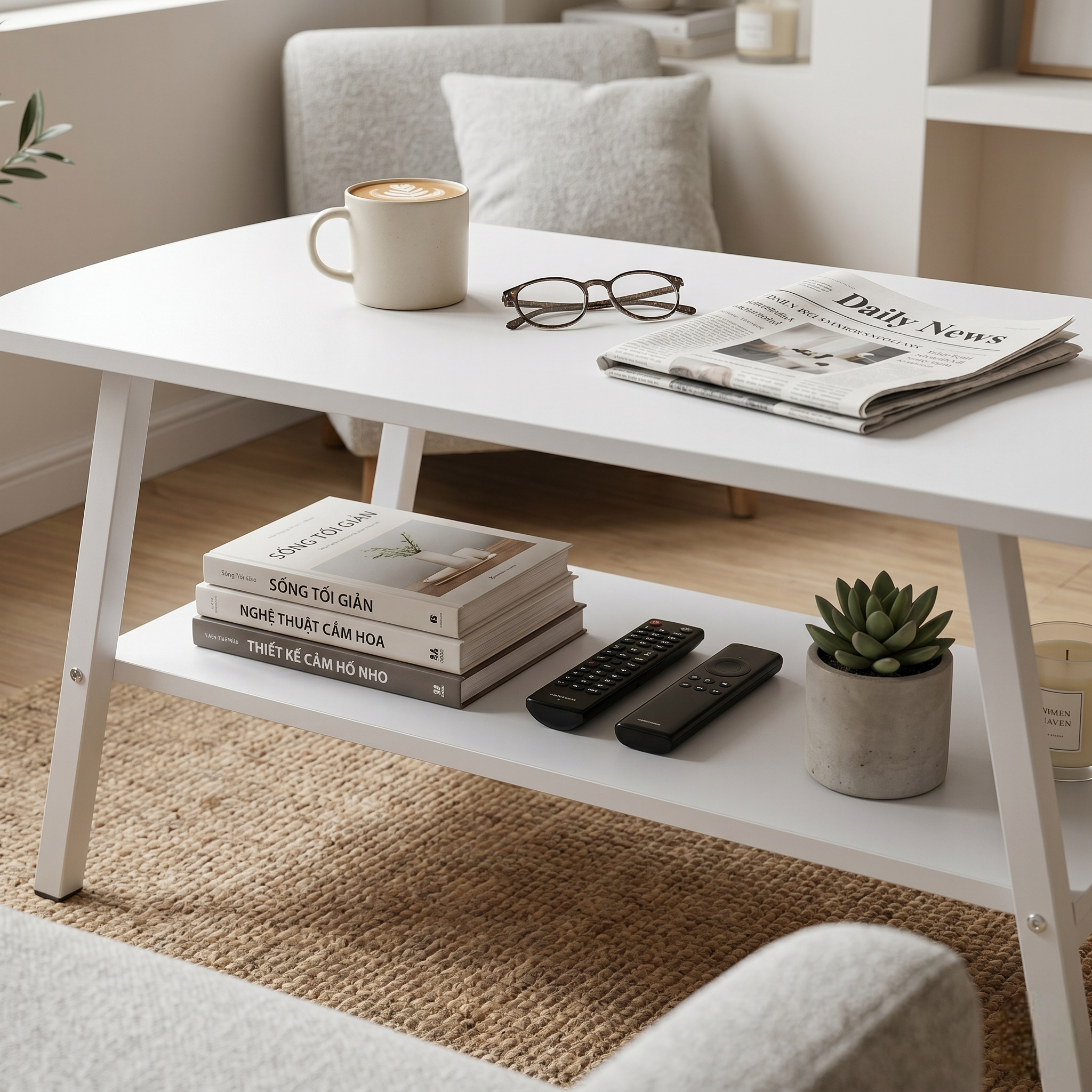 Modern 2-Tier Coffee Table – Sturdy 4-Legged Sofa Side Table for Living Room – Space-Saving Wooden Tea Table with Storage Shelf – Minimalist Central Cocktail Table for Home & Office