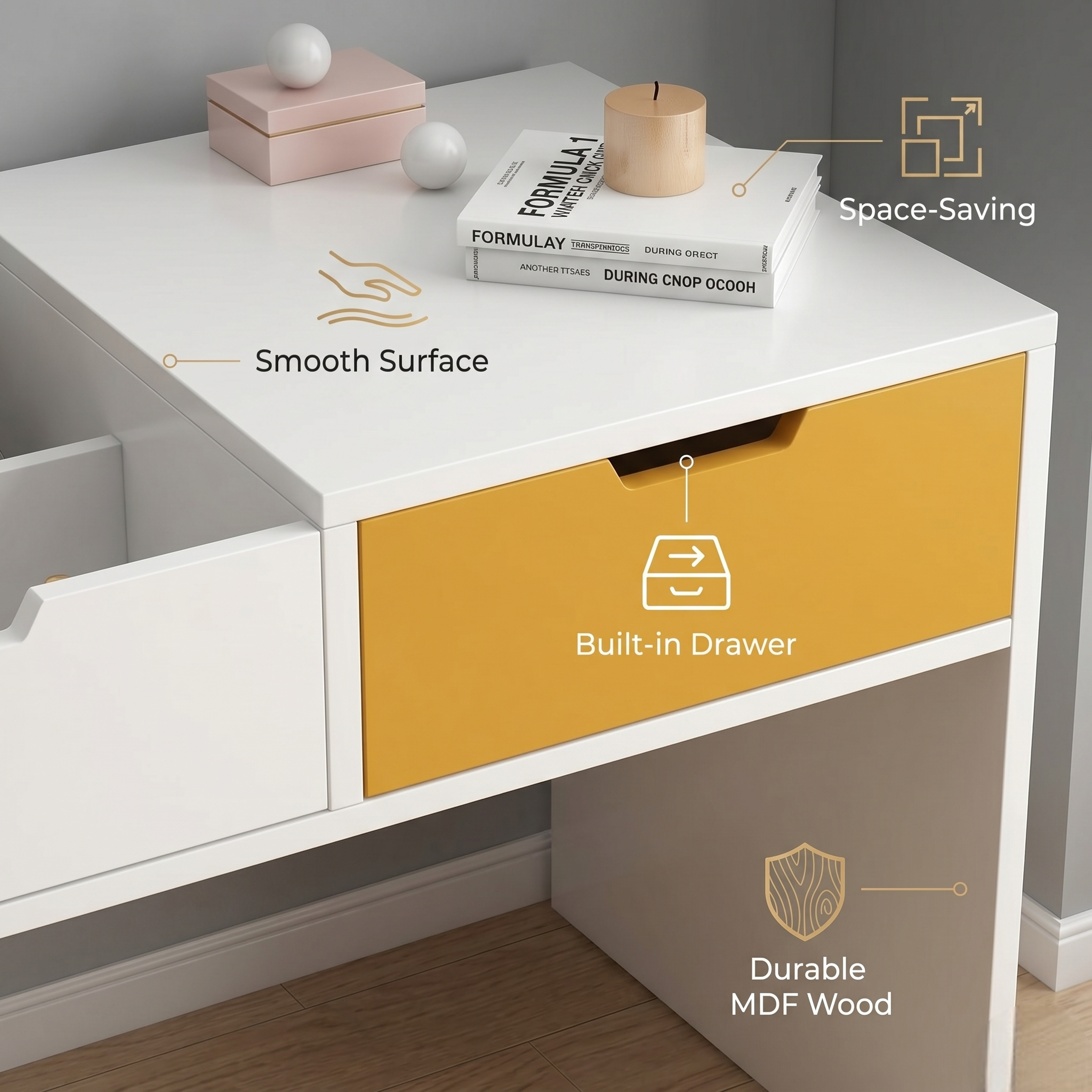 2-in-1 Floor Vanity Table & Nightstand Combo – Modern Low Profile Makeup Desk with Storage Shelf – Square Leg Bedroom Decor Organizer – Compact Dressing Table for Small Spaces