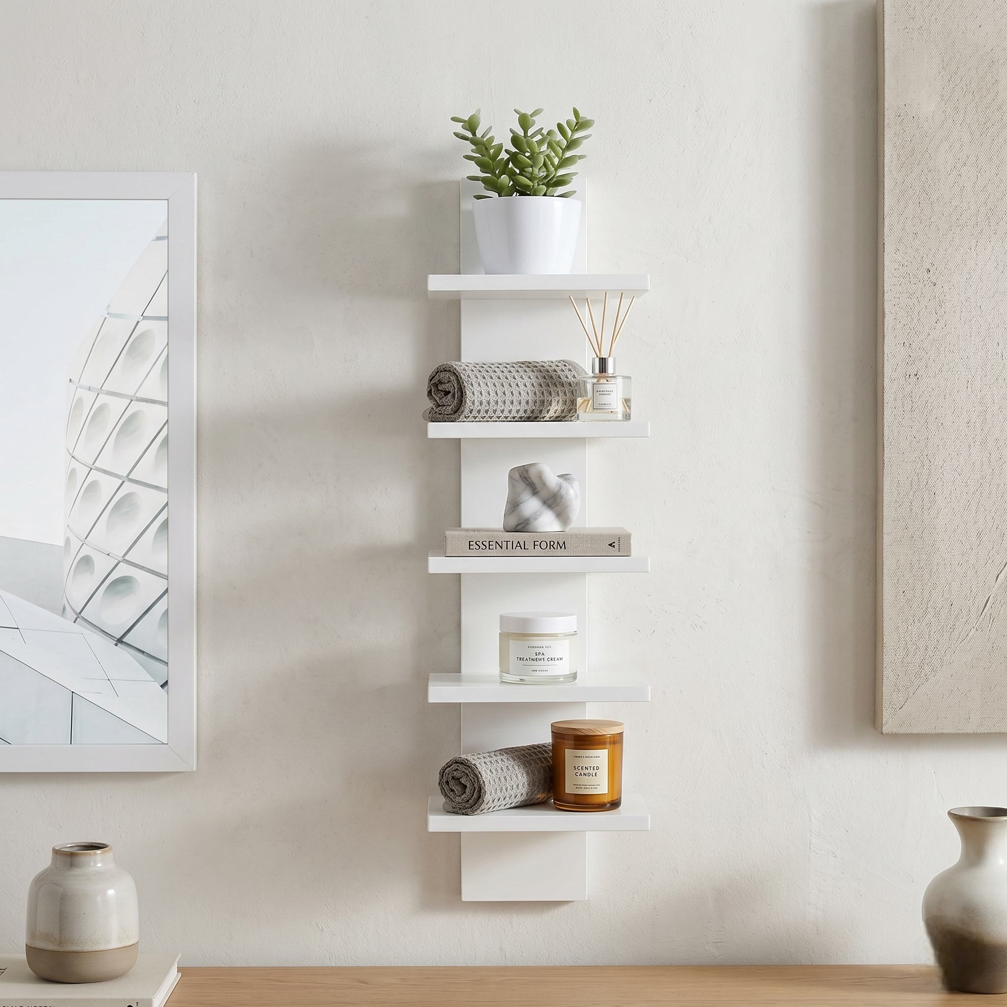5-Tier Wall Mounted Floating Shelf – MDF Wood Display Rack with Scratch-Resistant Melamine Finish – Vertical Storage Organizer Bookshelf for Living Room, Bedroom & Office, White