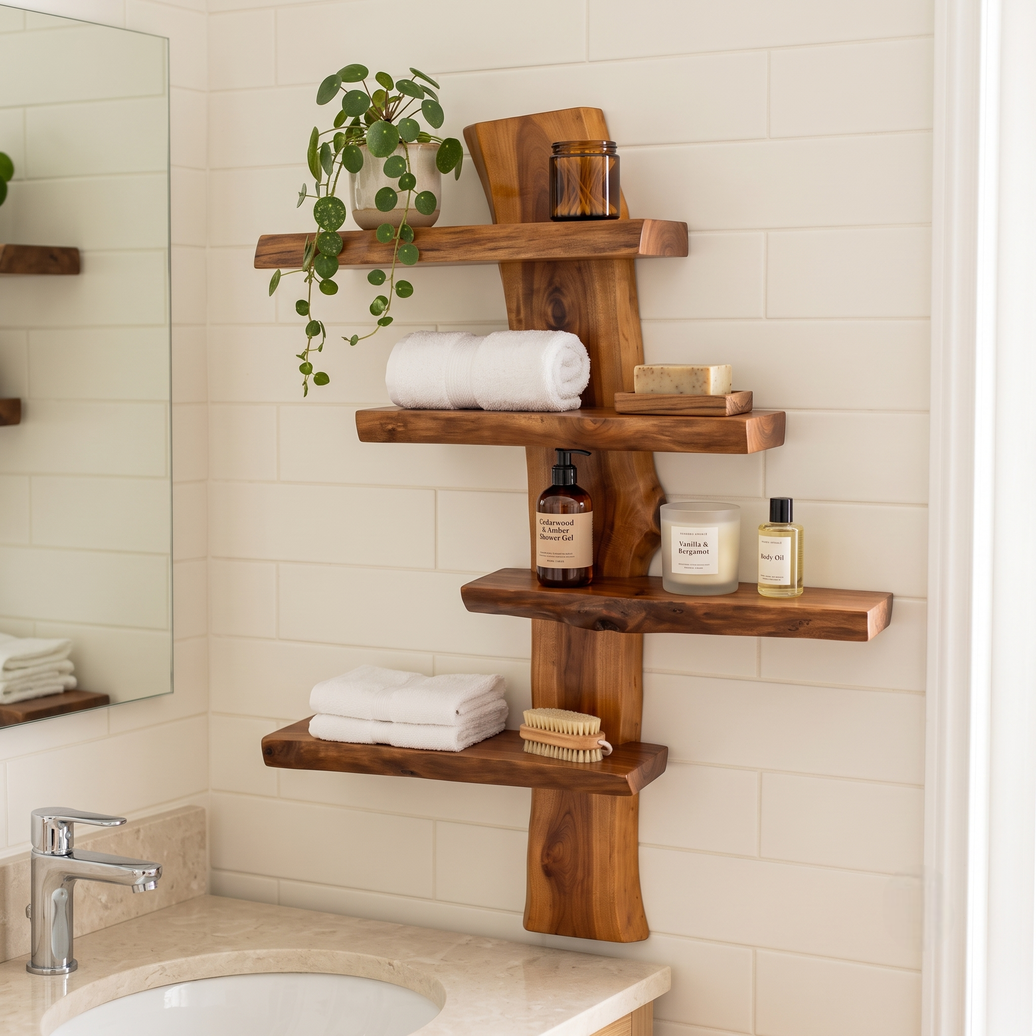 4-Tier Solid Wood Floating Wall Shelf – Multi-Layer Natural Timber Hanging Rack – Unique Decorative Storage Organizer Bookshelf for Living Room, Bedroom & Office Decor