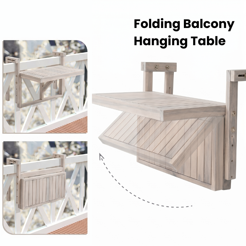 Acacia Wood Folding Balcony Hanging Table – Weather-Resistant Outdoor Railing Table – Adjustable Height & Width – Portable Deck Table for Small Balcony, Patio, and Porch – Rectangular
