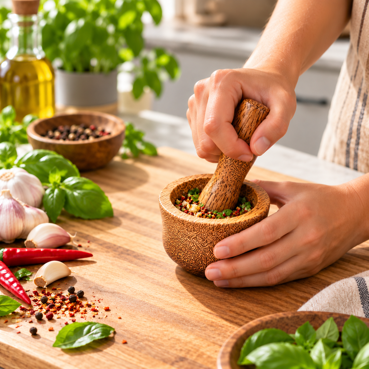 Coconut Wood Mortar and Pestle Set – Handmade Natural Herb Spice Grinder