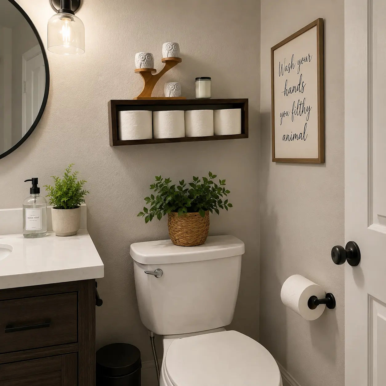 Wall Mounted Toilet Paper Holder Shelf - Floating Wood Bathroom Storage Box for 4 Mega Rolls - Rustic Decorative Recessed Shelving for Restroom Organization Kikbo