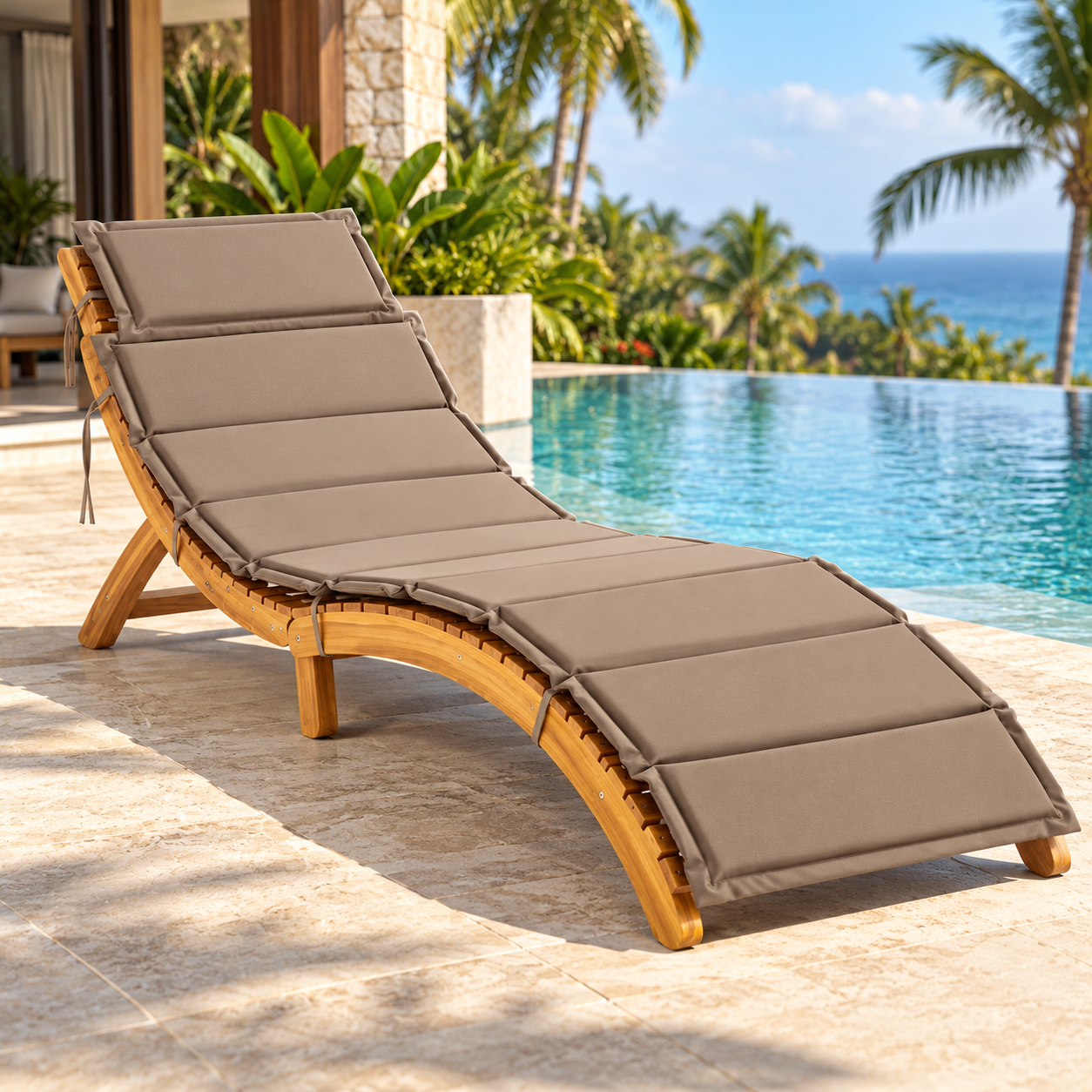 Sumba Wooden Curved Sun Lounger with Brown Cushion – Outdoor Chaise