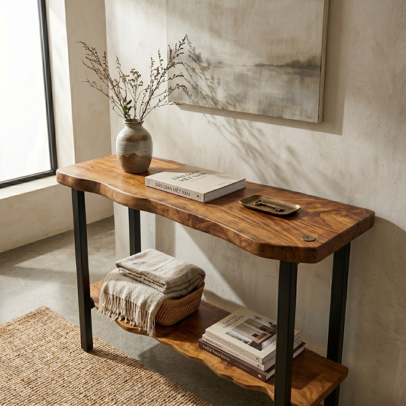 2-Tier Live Edge Solid Wood Console Table 40 Inch – 2-Inch Ultra Thick Slab Entryway Table with Storage Shelf – Modern Foyer Table with Industrial Metal Legs – Luxury Hallway & Sofa Side Table