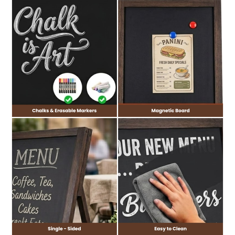 Rustic Chalkboard Sign – 32"x20" Single-Sided Wooden Menu Board – Standing Magnetic Blackboard for Cafés, Restaurants & Weddings – Compatible with Liquid Chalk Markers, Brown
