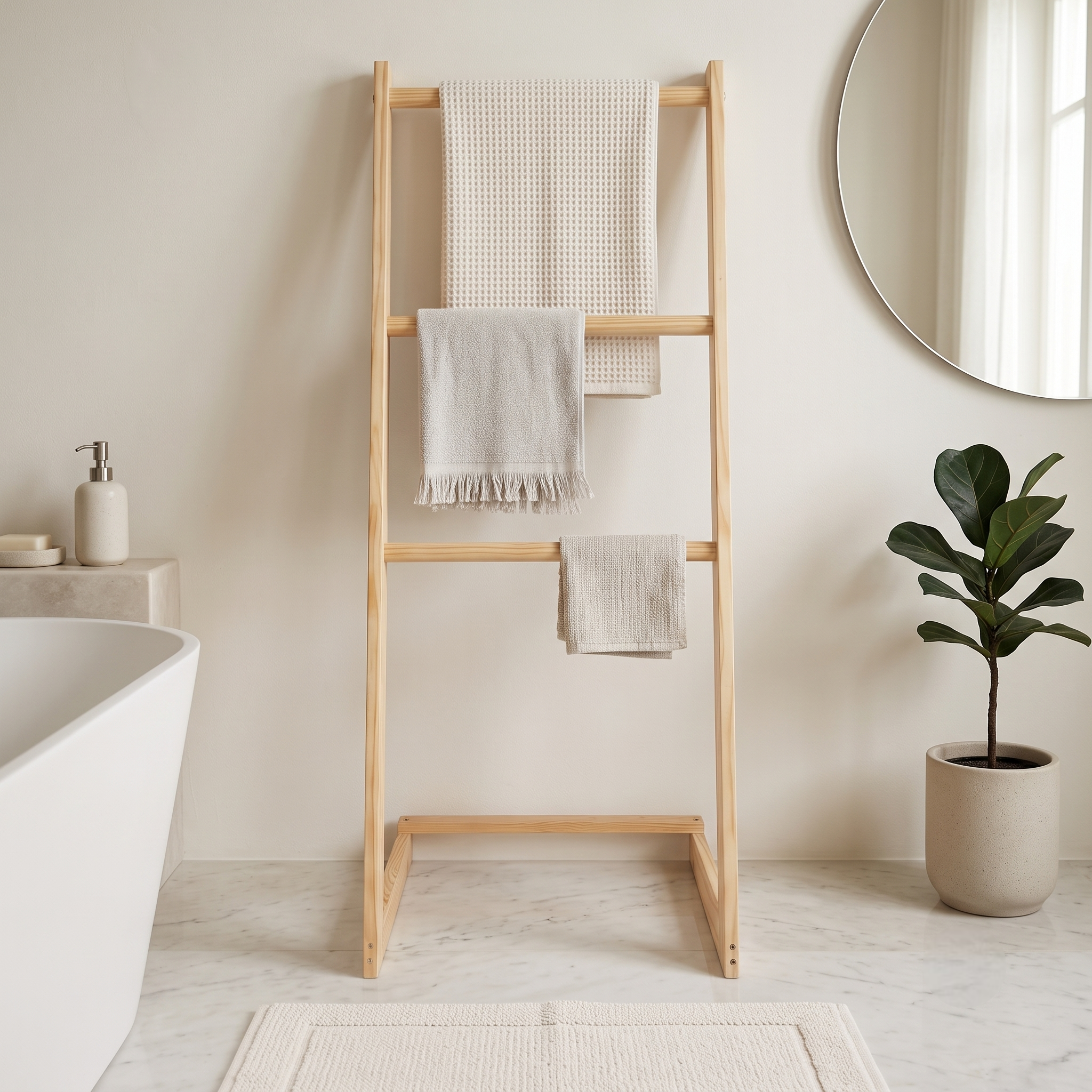 3-Tier Freestanding Towel Rack for Bathroom – Waterproof Solid Pine Wood Blanket Ladder Shelf – Anti-Mold Storage Organizer Stand for Bath Towels, Toiletries & Spa Decor