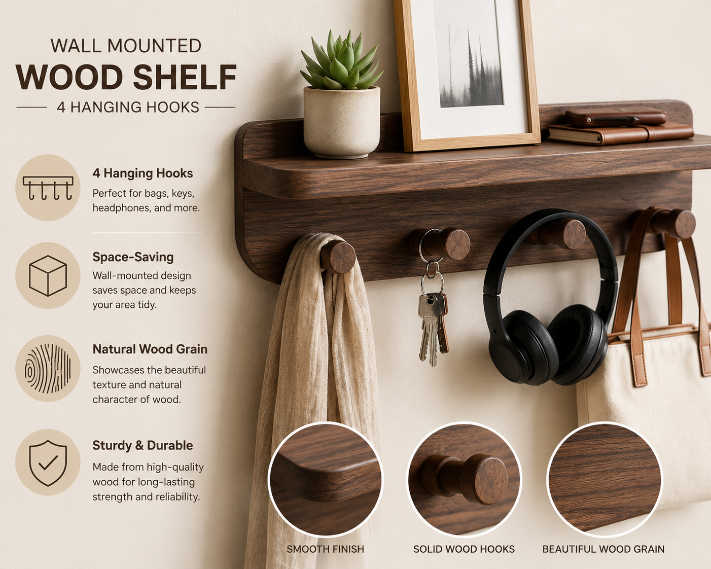 2-in-1 Wooden Wall Shelf & Hook Rack – Handcrafted Entryway Organizer – Premium Floating Shelf for Bathroom & Hallway – Heavy Duty Natural Wood Hanger for Bags & Decor