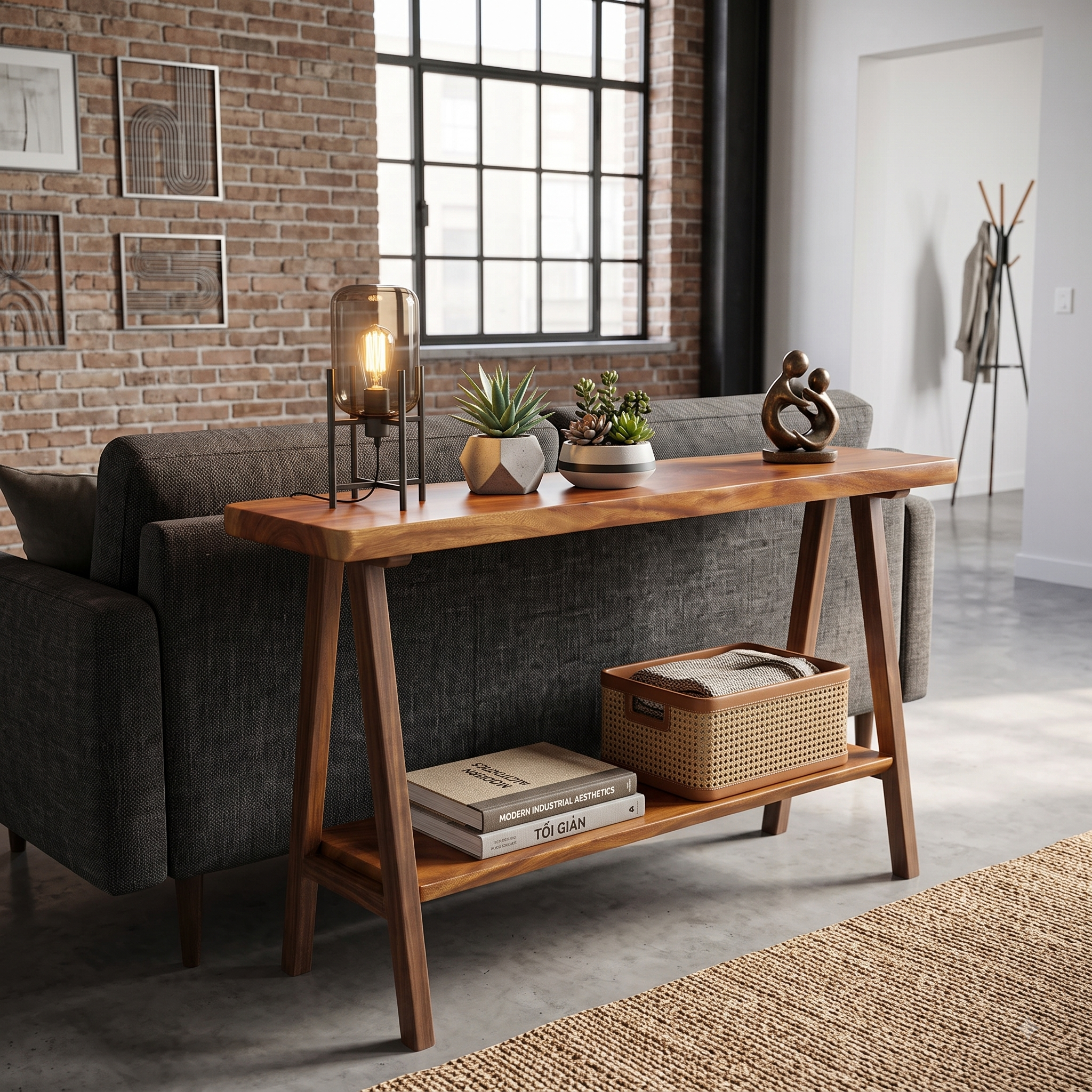 2-Inch Thick Live Edge Solid Wood Console Table – 2-Tier Entryway Table with Storage Shelf – Industrial V-Shaped Metal Legs Sofa Table for Living Room & Hallway Decor
