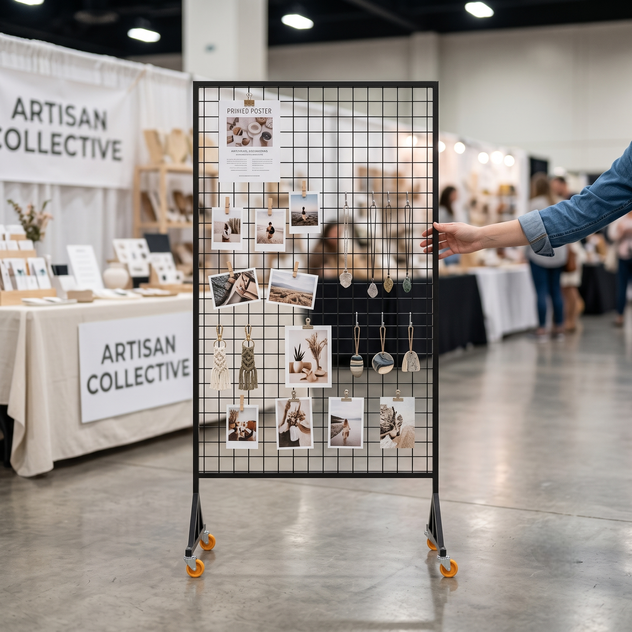 Freestanding Wire Grid Panel Display with Wheels – Mobile Gridwall Rack for Retail Store Products, Craft Fairs & Trade Shows – Heavy-Duty Wire Mesh Panel Stand