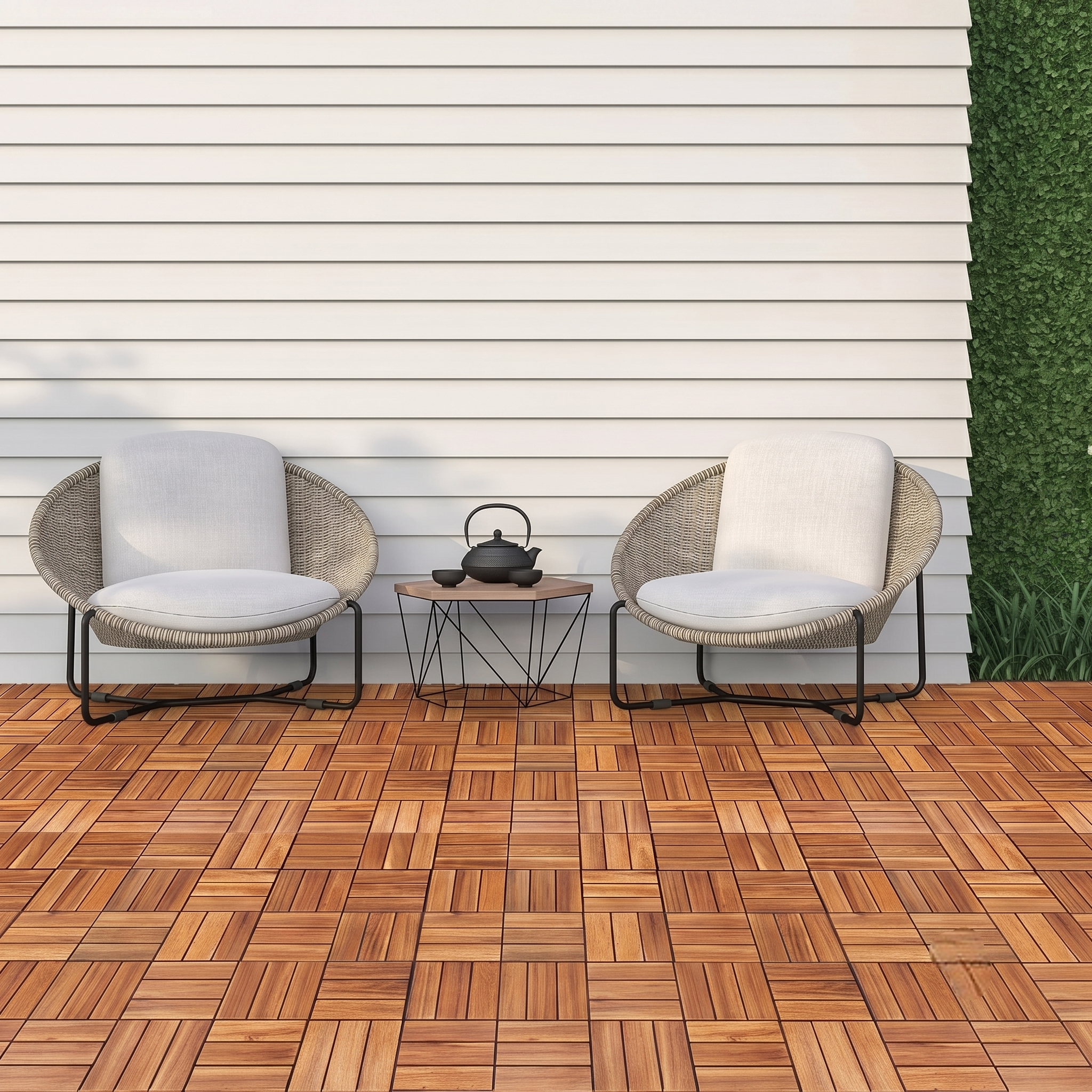 Premium Acacia Wood Deck Tiles – 12"x12"x0.9" Interlocking Patio Flooring in Golden Teak – Waterproof Crossed Pattern Wooden Pavers for Balcony, Backyard, Indoor & Outdoor