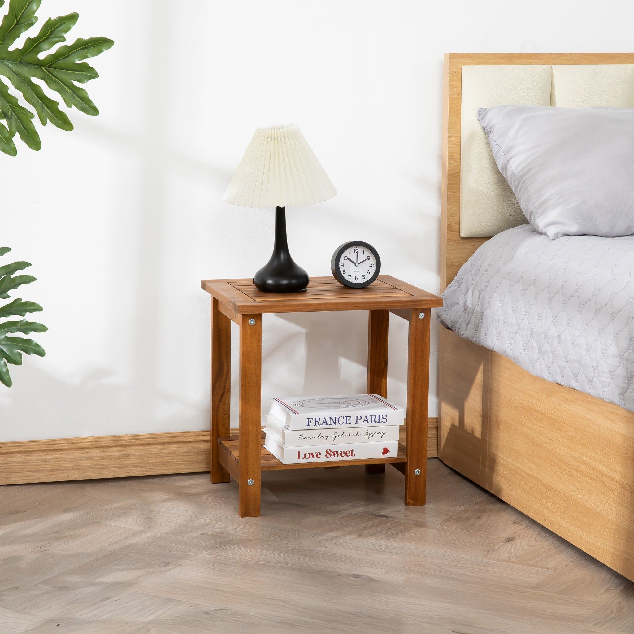 2-Tier Acacia Wood Side Table – Square End Table with Storage Shelf