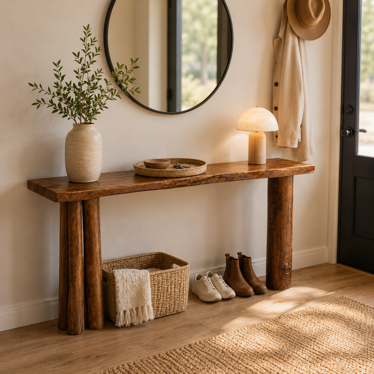 Solid Wood Console Table with Cylinder Legs – 2" Thick Slab Table
